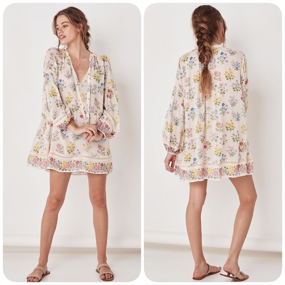 EUC Spell & the Gypsy Collective Gardenia Posy Long Sleeve Mini Dress